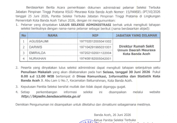 Pengumuman Hasil Seleksi Administrasi Calon Direktur RSUD Meuraxa Kota Banda Aceh Tahun 2026