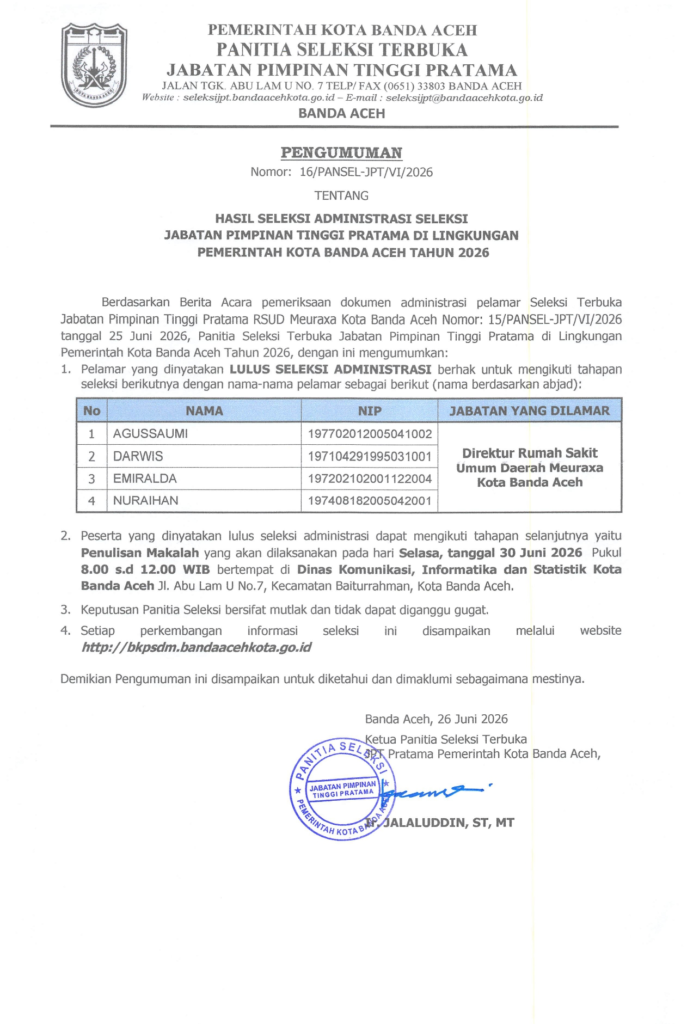 Pengumuman Hasil Seleksi Administrasi Calon Direktur RSUD Meuraxa Kota Banda Aceh Tahun 2026