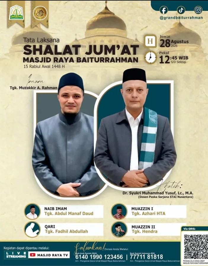 Tata Laksana Salat Jumat di Masjid Raya Baiturrahman, 28 Agustus 2026