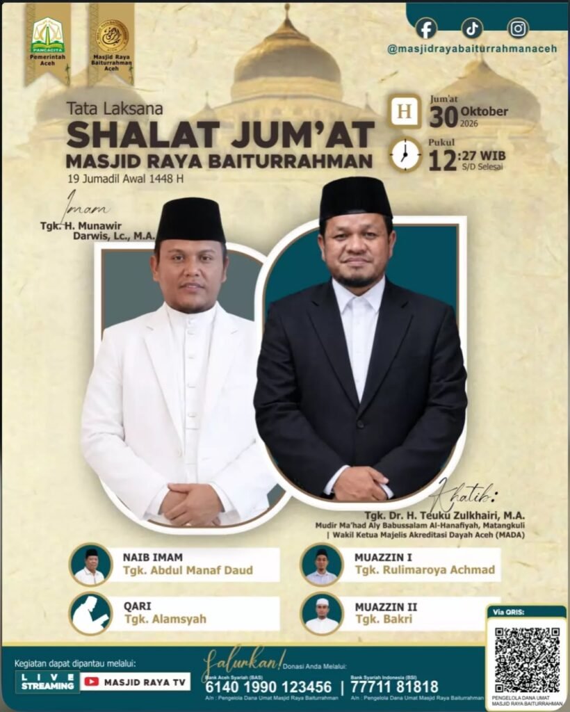Tata Laksana Shalat Jumat Masjid Raya Baiturrahman Aceh, 30 Oktober 2026