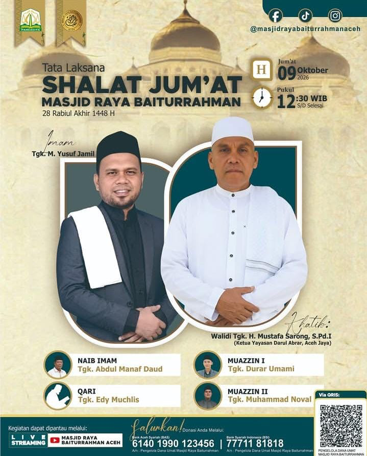 Tata Laksana Shalat Jumat di Masjid Raya Baiturrahman Banda Aceh, 9 Oktober 2026