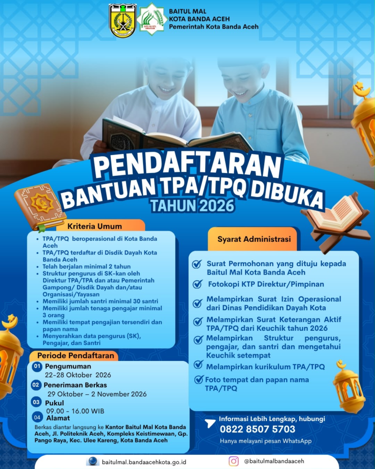 Baitul Mal Kota Banda Aceh Buka Bantuan untuk Tenaga Pengajar TPA/TPQ, Majelis Taklim, dan Balai Pengajian